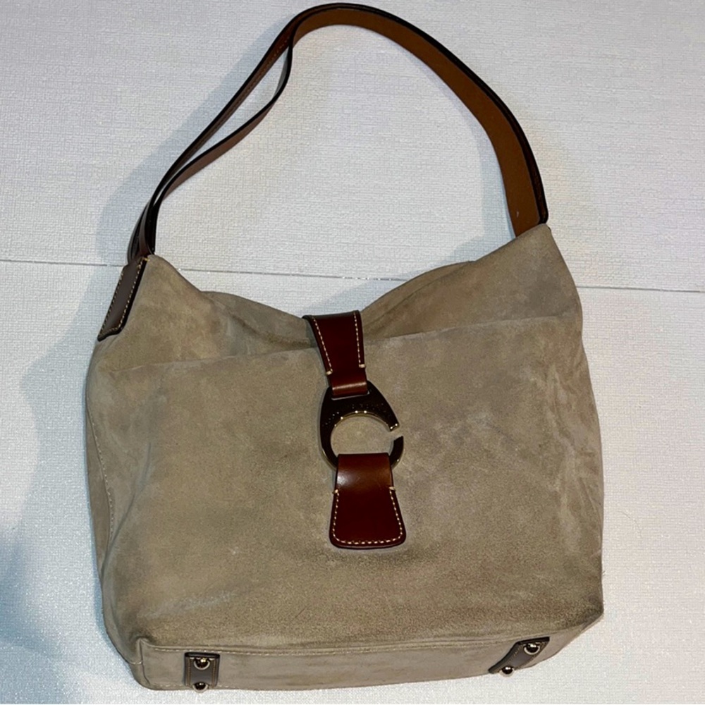 Dooney & Bourke Taupe Suede Hobo with Brown Leather Trim